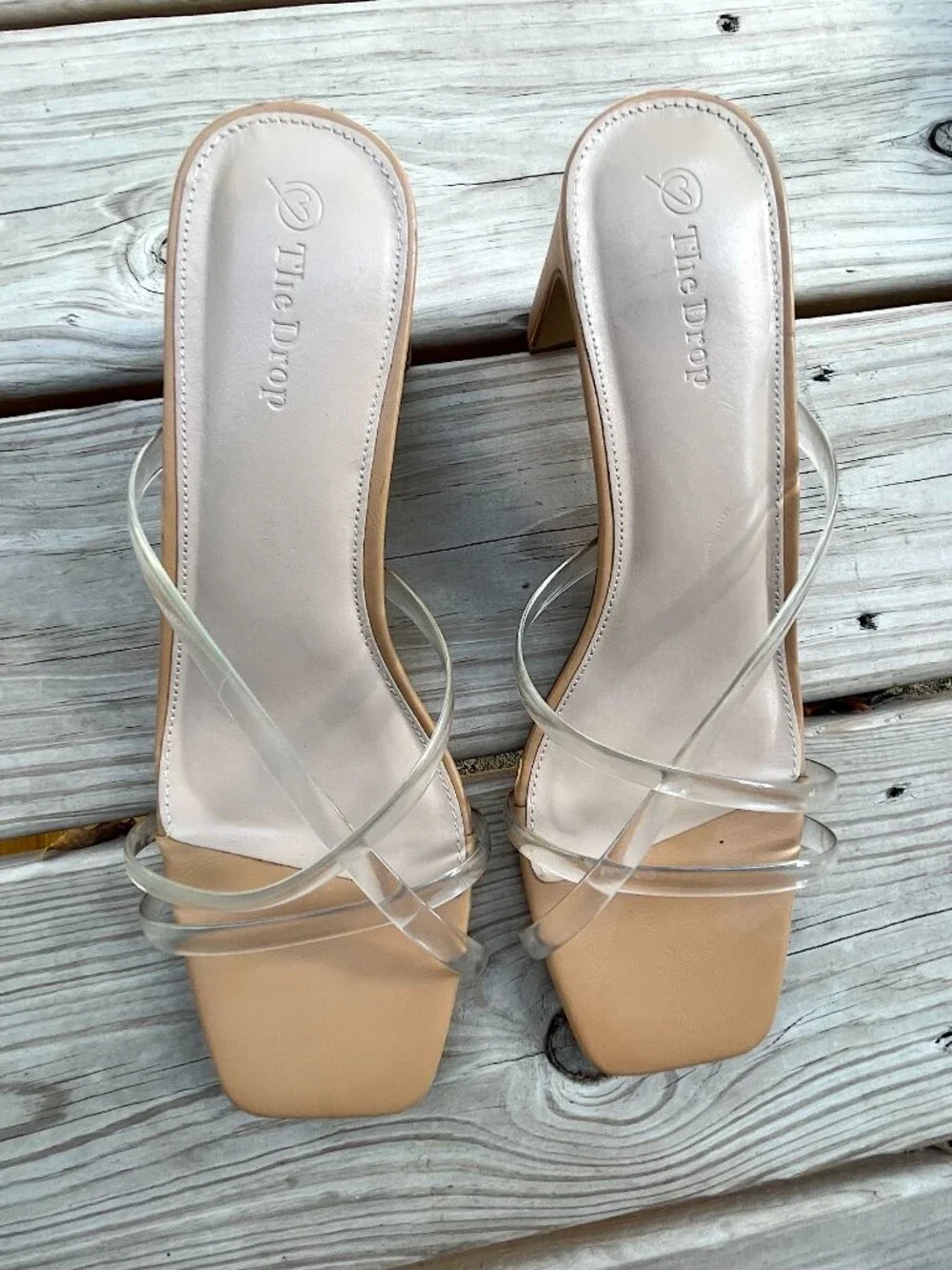 The Drop Clear Strap Slim Block Heel Sandals Quiet Luxury Tan 9.5 EUC